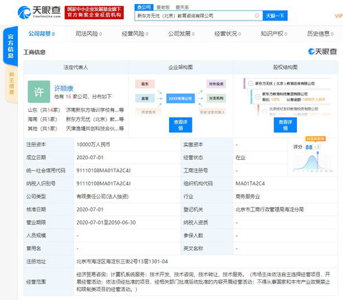 新东方教育科技集团成立教育咨询新公司 注册资本1亿人民币